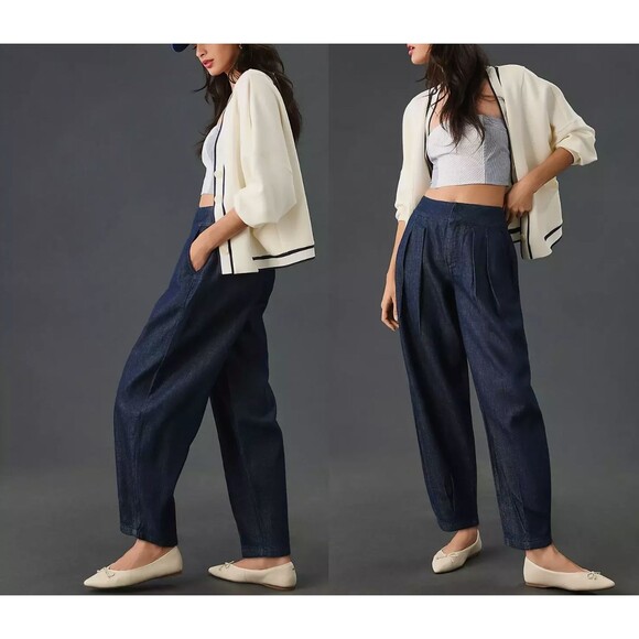 ~~ANTHROPOLOGIE Pilcro Porto 31 Pleated High Rise Tapered Jeans Dark Blue Pocket - Picture 2 of 16